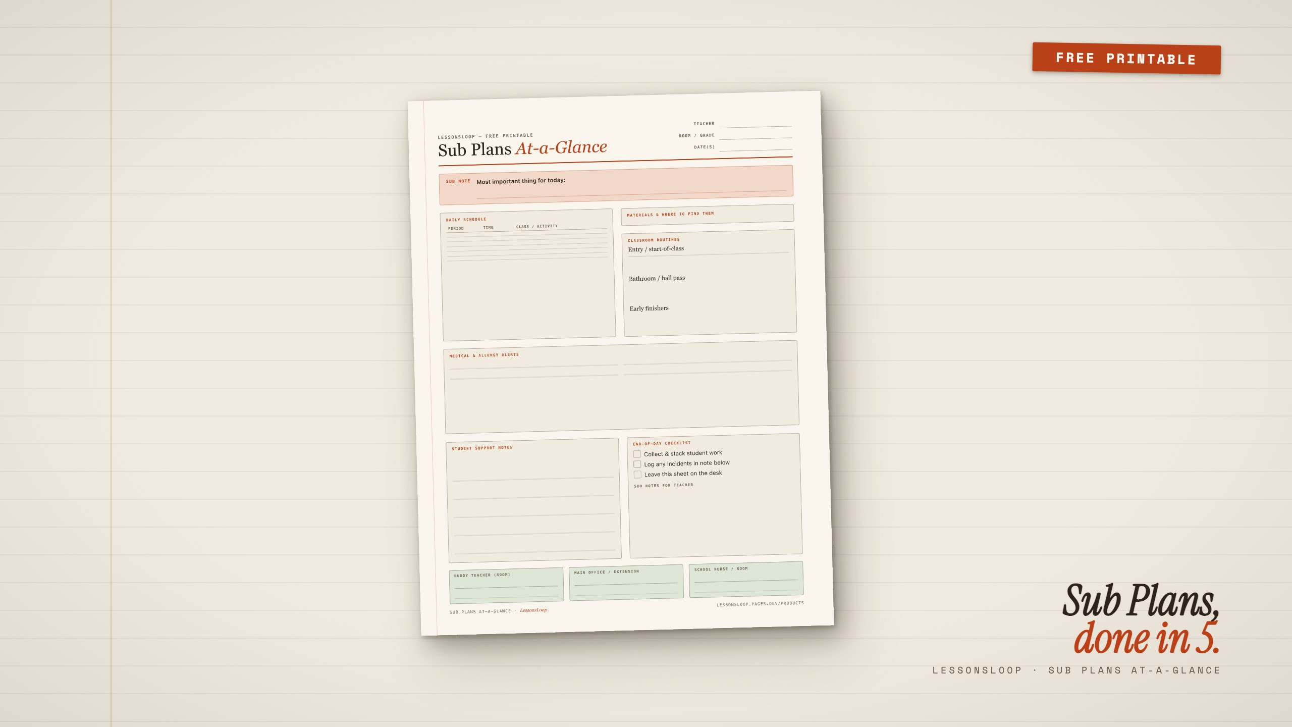 Sub Plans At-a-Glance printable — one-page sub info sheet with daily schedule, classroom routines, medical alerts, and end-of-day checklist sections, on cream paper with terracotta accents