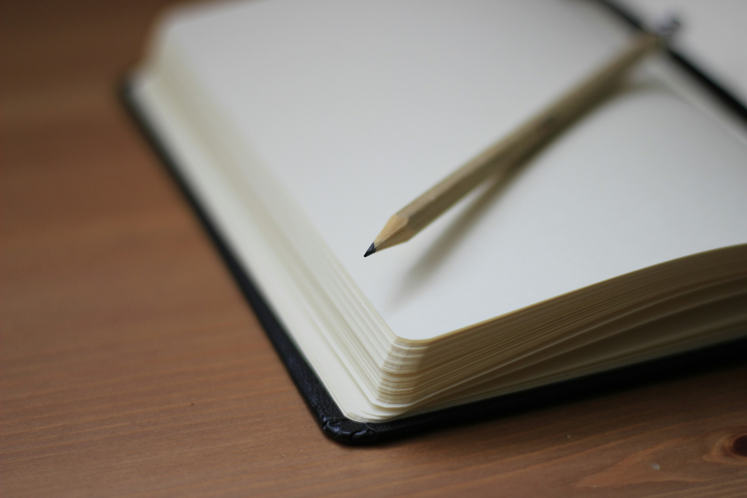 shallow focus photograph of a pencil resting on an open notebook