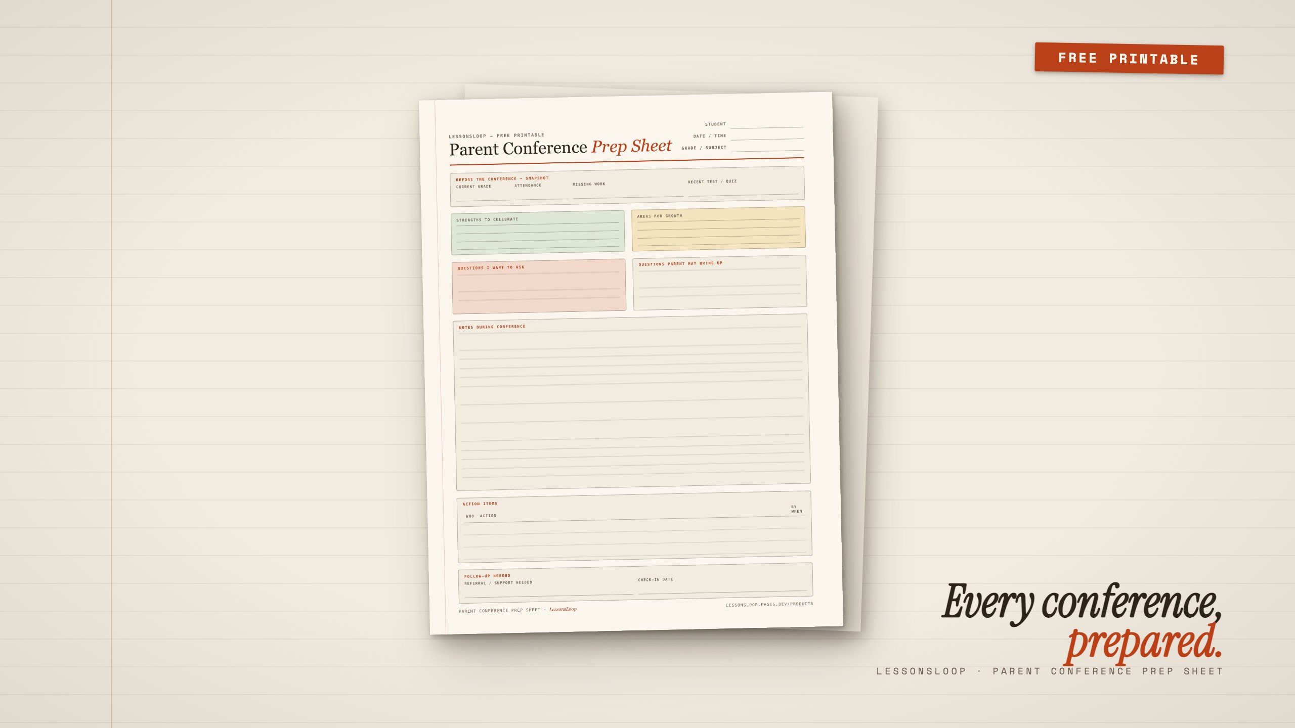 Parent Conference Prep Sheet printable — one-page form with sections for student snapshot, strengths, growth areas, questions, conference notes, and action items, on cream paper with terracotta accents