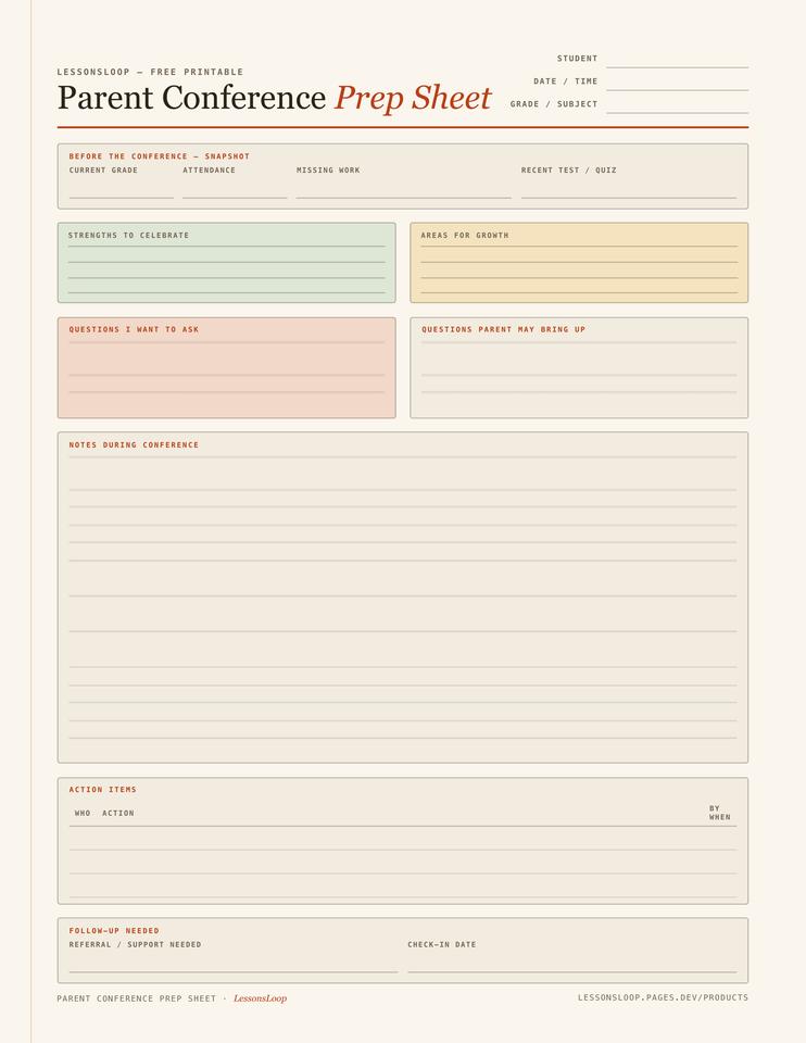 Parent Conference Prep Sheet — sheet preview