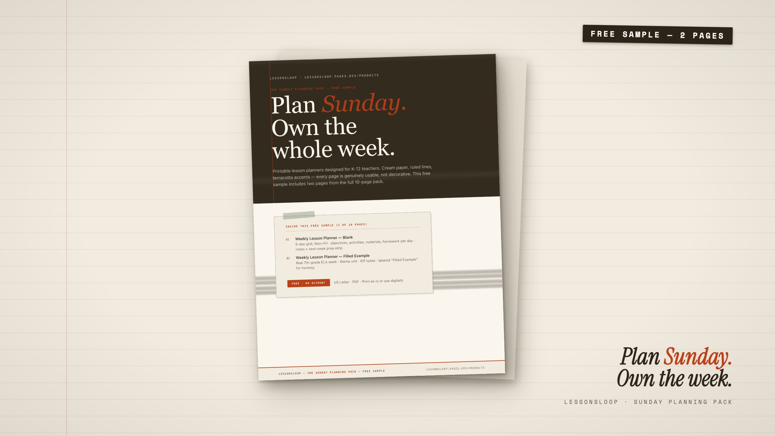 Sunday Planning Pack free sample printable — weekly lesson planner cover page and filled example on cream ruled paper with terracotta accents