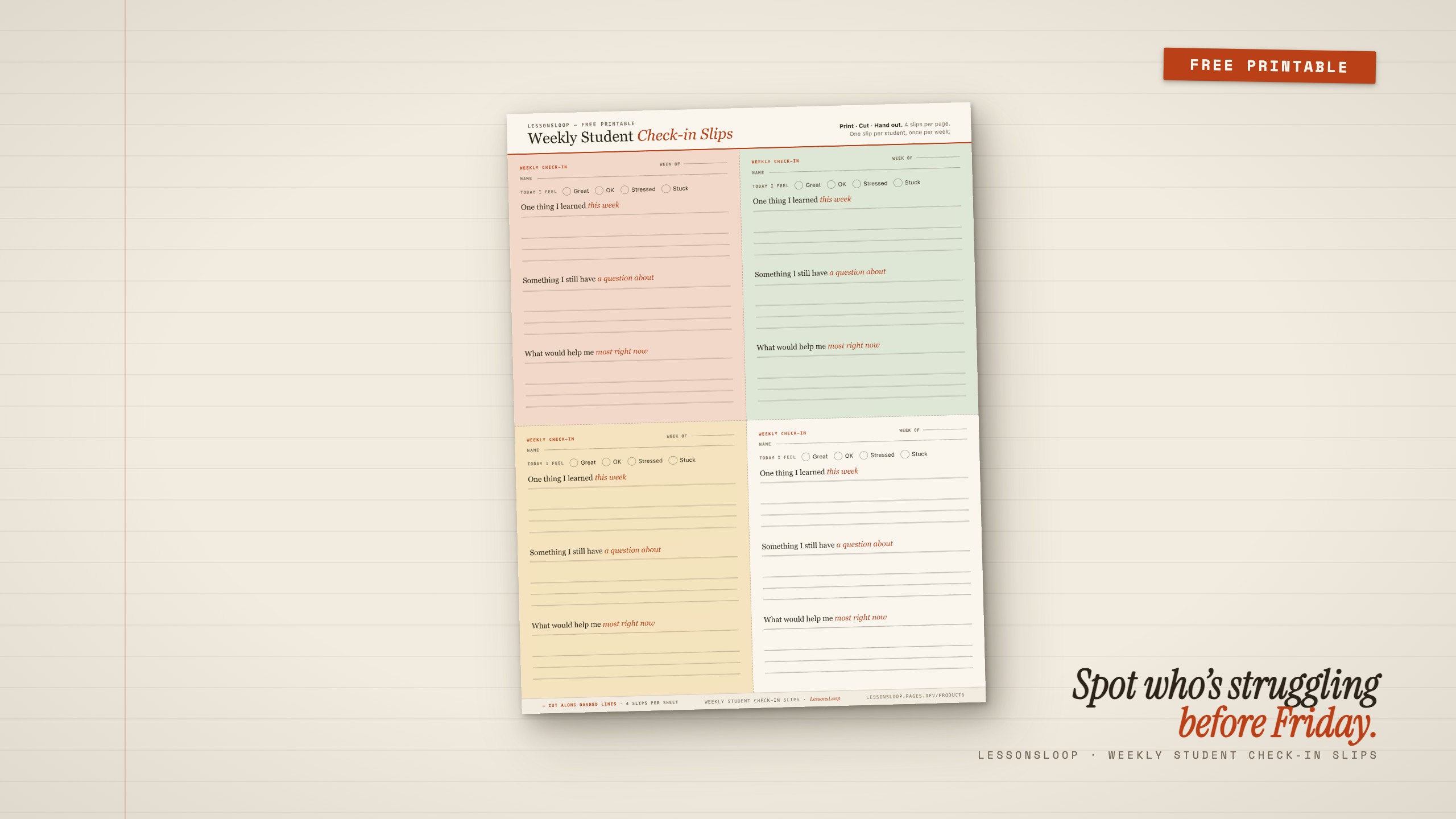 Weekly Student Check-in Slips printable — four quarter-sheet forms per page with mood self-assessment and three reflection questions each, on cream and sage paper with terracotta accent text