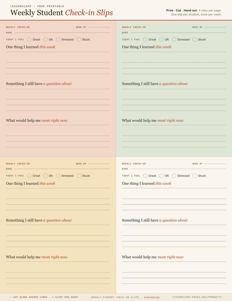 Weekly Student Check-in Slips — sheet preview